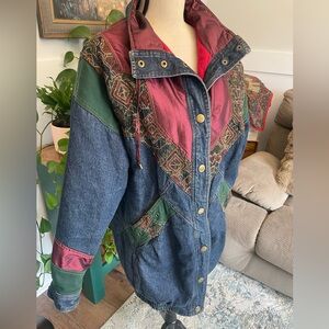 Vintage Blair Denim Jacket w Tapestry and Iridescent Panels Cotton Lining 80s